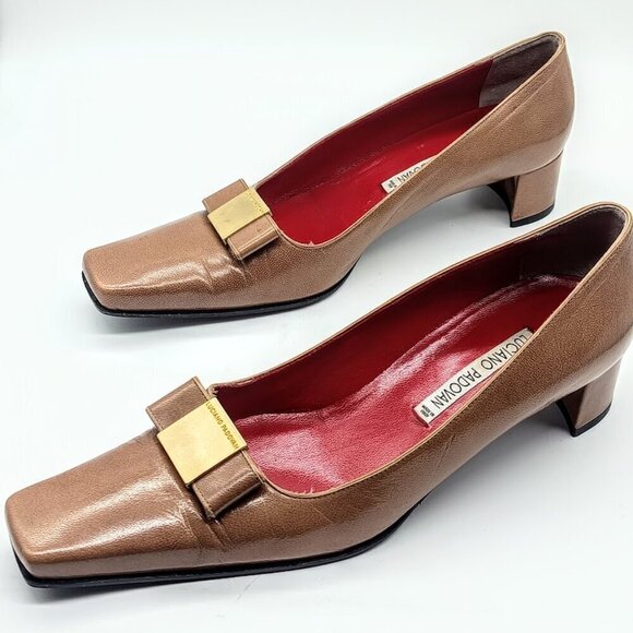 Luciano Padovan Camel Brown Leather Square Toe Pumps - Picture 7 of 11